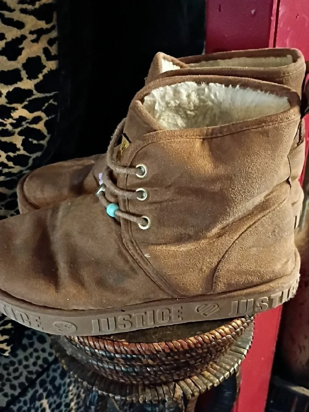 Justice Brown Suede Girls' Ankle Boots with Beaded Lace Detail